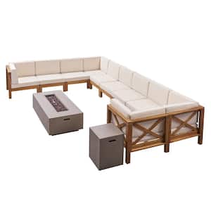 Brava Teak Brown 12-Piece Wood Patio Fire Pit Sectional Seating Set with Beige Cushions