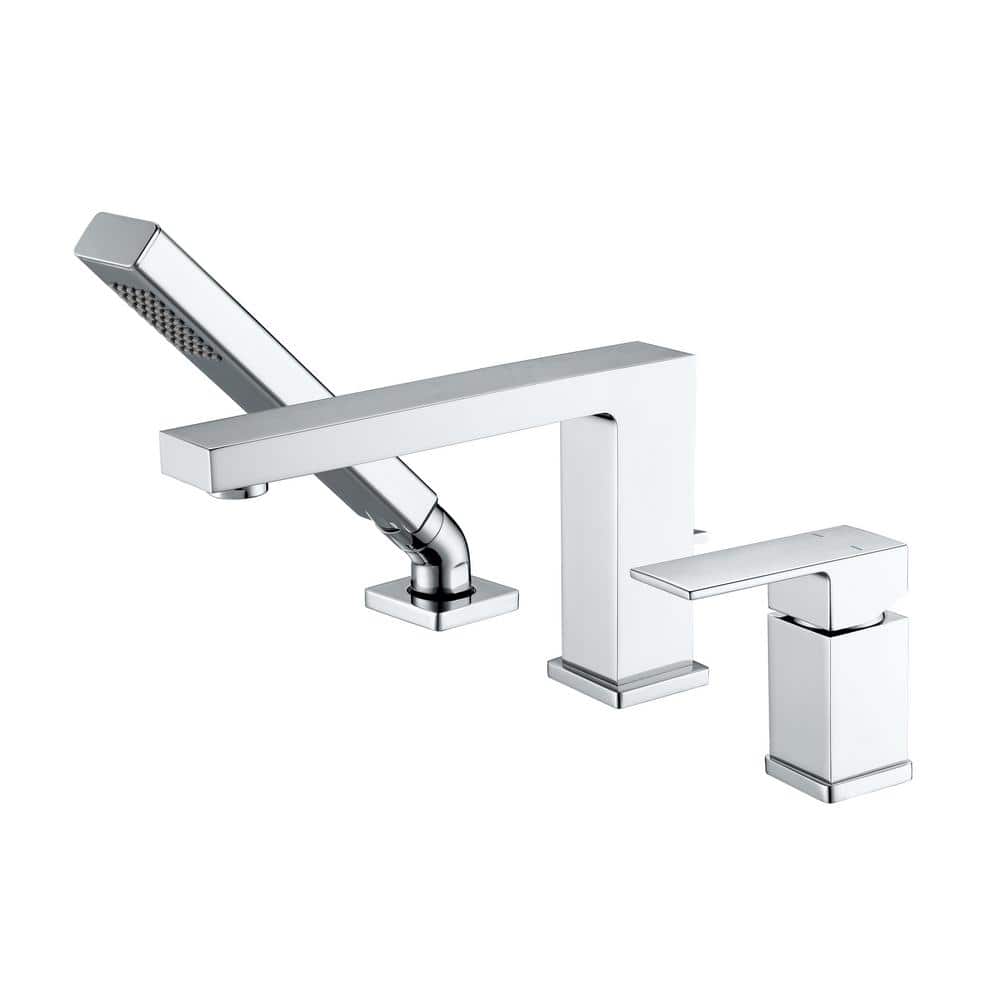 Chrome Single Handle Deck Mounted Roman Tub Faucet with Hand Shower