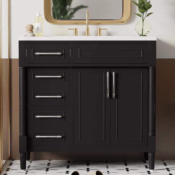 Staykiwi 36 in. W x 18 in. D x 34 in. H Single Sink Freestanding Bath Vanity in Black with White Cultured Marble Top