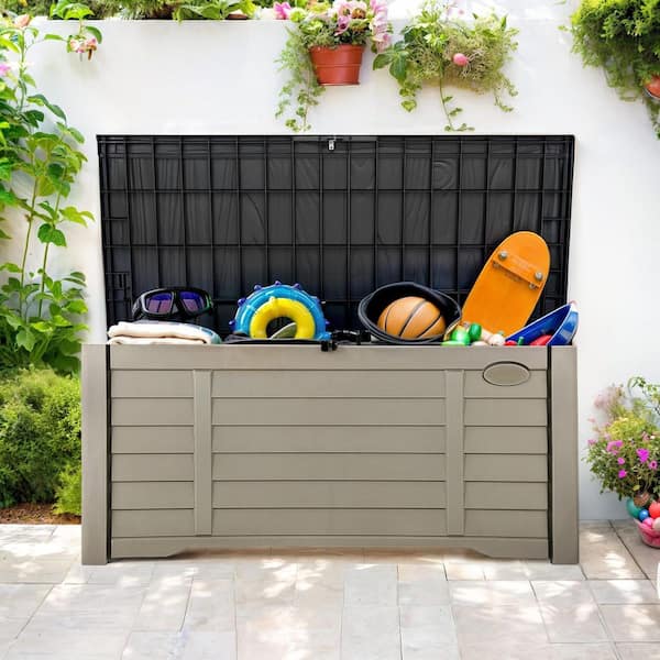 120 Gal. Water Resistant Resin Lockable Deck Box, Outdoor Storage For Patio Lawn and Garden, Light Brown