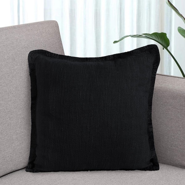 Unbranded Unique Jet Black 20 in. x 20 in. Neutral Fringe Solid Cotton Indoor Throw Pillow