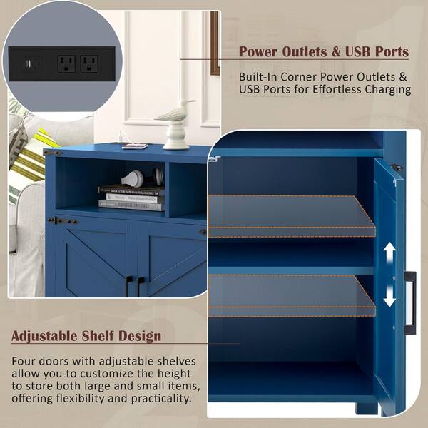 Polibi Navy Blue Particle Board Wood Buffet with Power Outlets USB