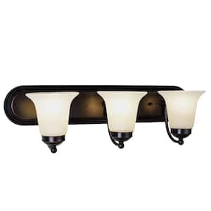 Cabernet Collection 24 in. 3-Light Oiled Bronze Bathroom Vanity Light Fixture with White Marbleized Glass Shades