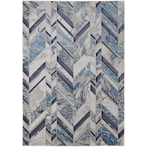 Ivory Blue and Gray 2 ft. x 3 ft. Chevron Power Loom Distressed Area Rug