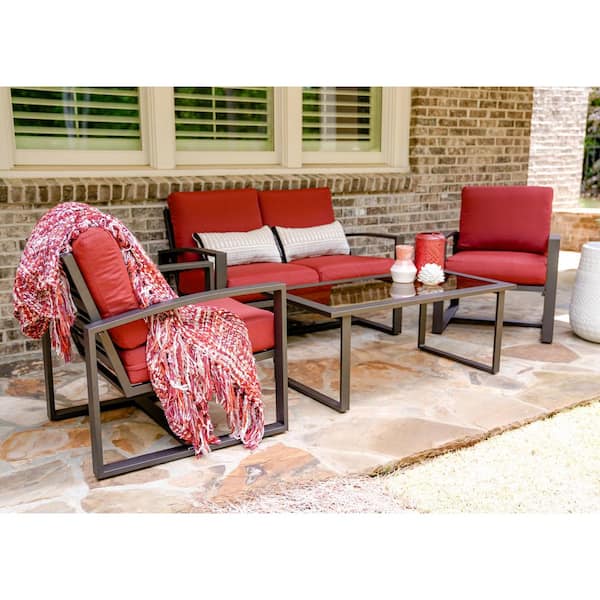 Leisure Made Jasper 4-Piece Aluminum Patio Conversation Set with Red Cushions