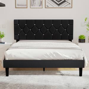Upholstered Bed, Platform Bed with Adjustable Headboard, Wood Slat Support, No Box Spring Needed, Black Queen Bed Frame