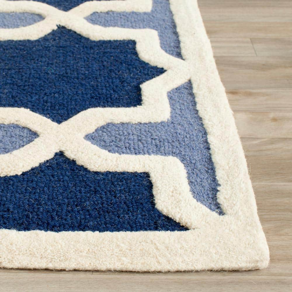 Ivory and Blue Geometric Wool 10' x 10' Square Rug