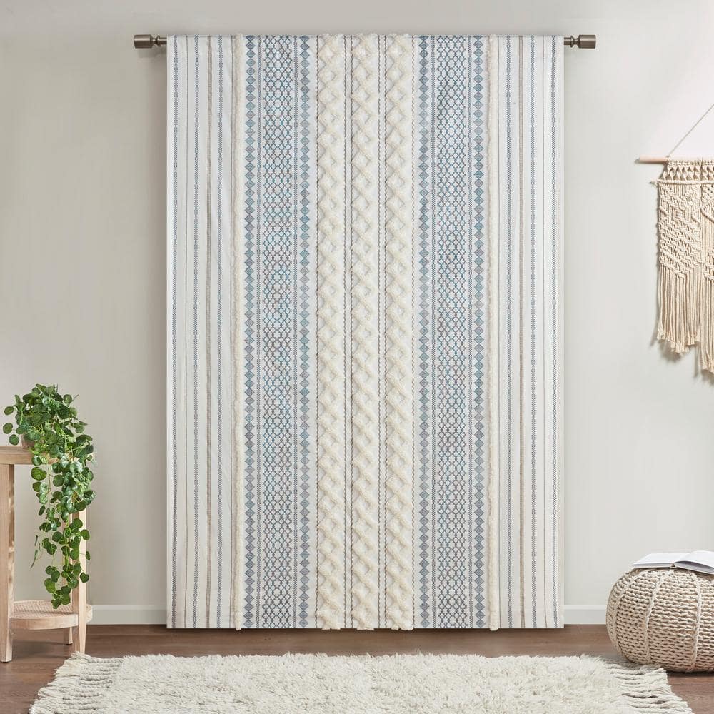 Ground Length Off-White and Navy Cotton Window Panel
