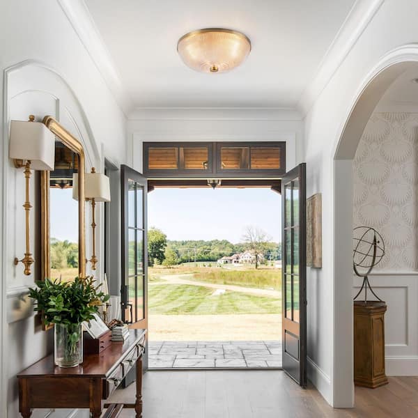 Kost 3-Light Brass 16 in. Gold Flush Mount Ceiling Light with Prismatic Glass Shades