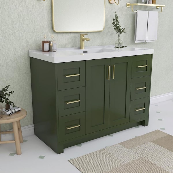 Gnie 48 in. Single Sink Green Bath Vanity with White Solid Surface Top Basin Freestanding Solid Wood Bathroom Cabinet