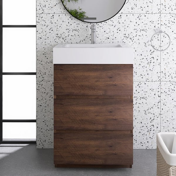 JimsMaison 24 in. W x 18 in. D x 37 in. H Single Sink Freestanding Bath Vanity in Walnut with White Cultured Marble Top