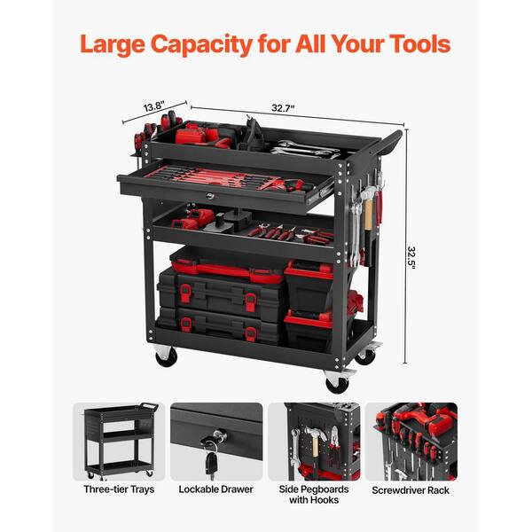 4-Tier Tool Cart with Wheels, 13.78 in. W 1 Drawer 3 Shelf Black Steel Tool Cart with Locking System