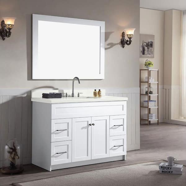 ARIEL Hamlet 49 in. W x 22 in. D x 36 in. H Bath Vanity in White with Pure White Quartz Top and Mirror