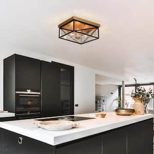 3-Light Dark Gold Flush Mount Light with Square Seeded Glass Panels, 12 in. Modern Flat Black Ceiling Light for Entryway