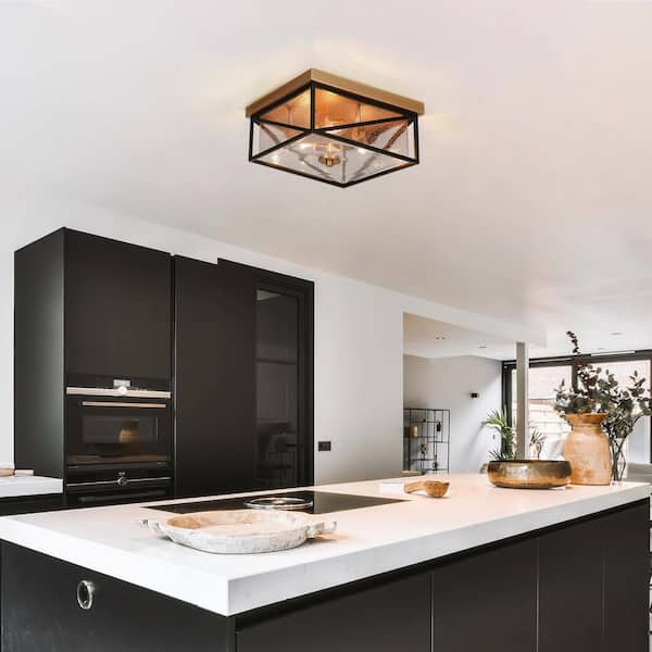3-Light Dark Gold Flush Mount Light with Square Seeded Glass Panels, 12 in. Modern Flat Black Ceiling Light for Entryway