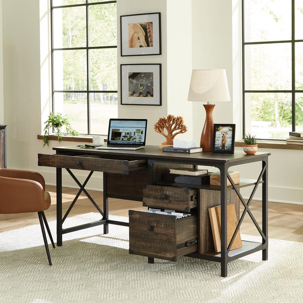 Brown Wood Computer Desk with Drawer and Filing Cabinet