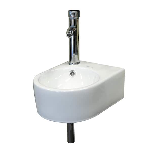 Flynama Ceramic Wall Mounted Circle Bathroom Vessel Sink in White with Left Chrome Faucet and Pop-Up Drain