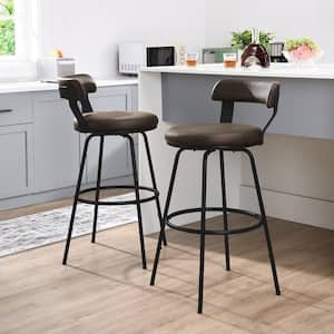 38 in. Brown Low Back Metal Frame Swivel Bar Stool with Round Leather Seat (Set of 2)