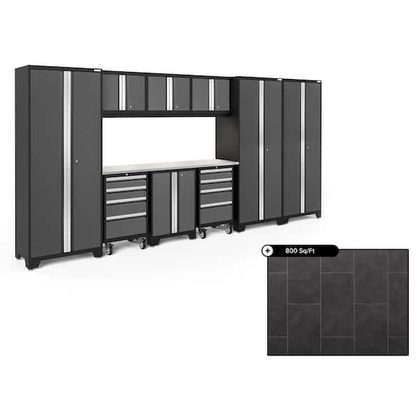 NewAge Products Bold Series 162 in. W x 76.75 in. H x 18 in. D Steel Cabinet Set in Gray ( 10- Piece ) with 800 sqft Flooring Bundle