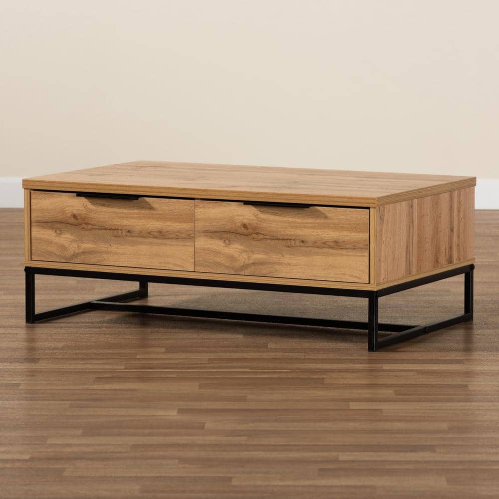 Oak Brown and Black Rectangular Coffee Table with Storage