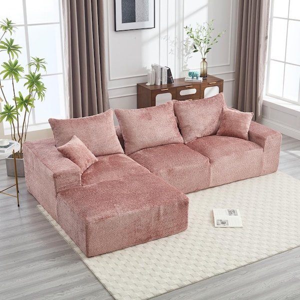 HOMEFUN 108 in. Square Arm 4-Piece L Shaped Chenille Modular Sectional Sofa in Pink with Deep Seat Upholstered Sectional Couch
