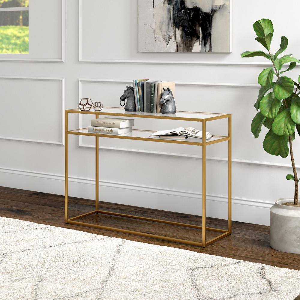 Brass & Glass 42'' Industrial Console Table with Storage Shelf