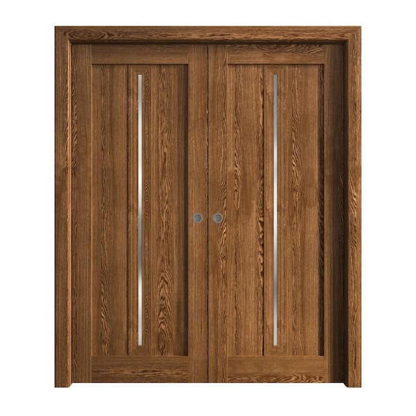 Sartodoors 84 in. x 96 in. Frosted Glass Cognac Oak Solid Wood Double Pocket Doors With Hardware