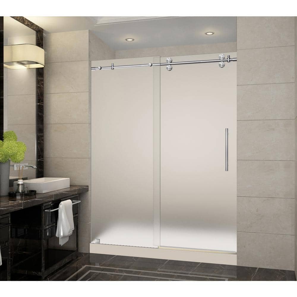 Aston Langham 60 in. x 32 in. x 77.5 in. Frameless Sliding Shower Door with Frosted in Stainless Steel with Center Base -  SDR978FTRSS60R