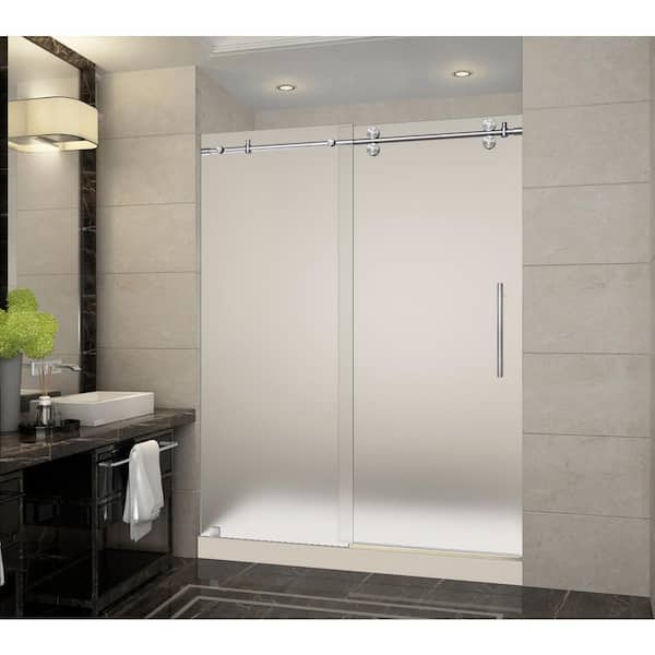 Aston Langham 60 in. x 32 in. x 77.5 in. Frameless Sliding Shower Door with Frosted in Stainless Steel with Center Base