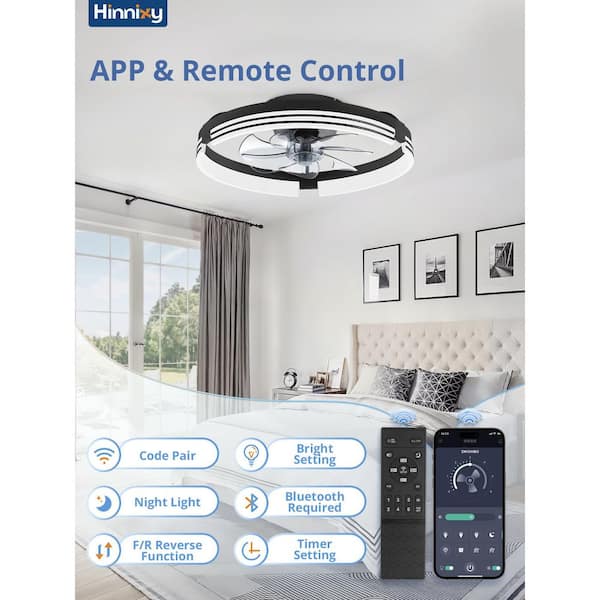 20 in. Smart Indoor Black Dimmable Fandelier LED Light Flush Mount Low Profile Ceiling Fan with Light and Remote Control