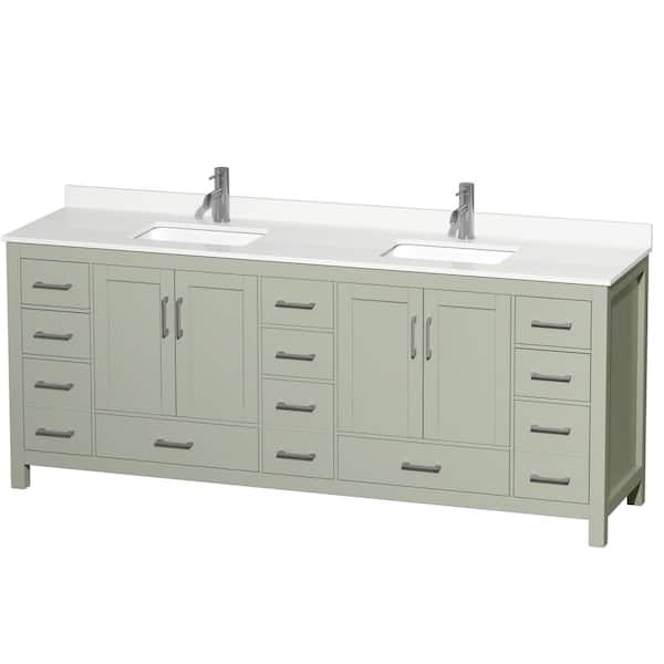 Wyndham Collection Sheffield 84 in. W. x 22 in. D x 35 in. H Double Bath Vanity in Light Green with White Quartz Top