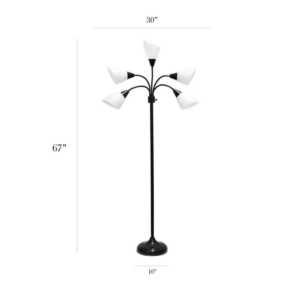 67" Black Adjustable Multi-Head Floor Lamp with White Shades