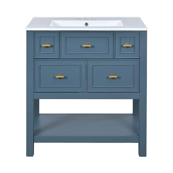 Tenleaf 30 in. W Single Sink Freestanding Bath Vanity in Blue with White Ceramic Top and (5-Drawers)