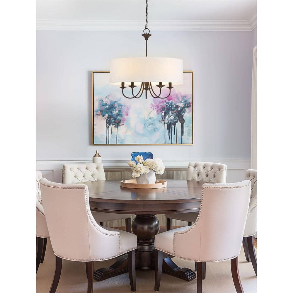 Oil-Rubbed Bronze 5-Light Chandelier with White Linen Drum Shade