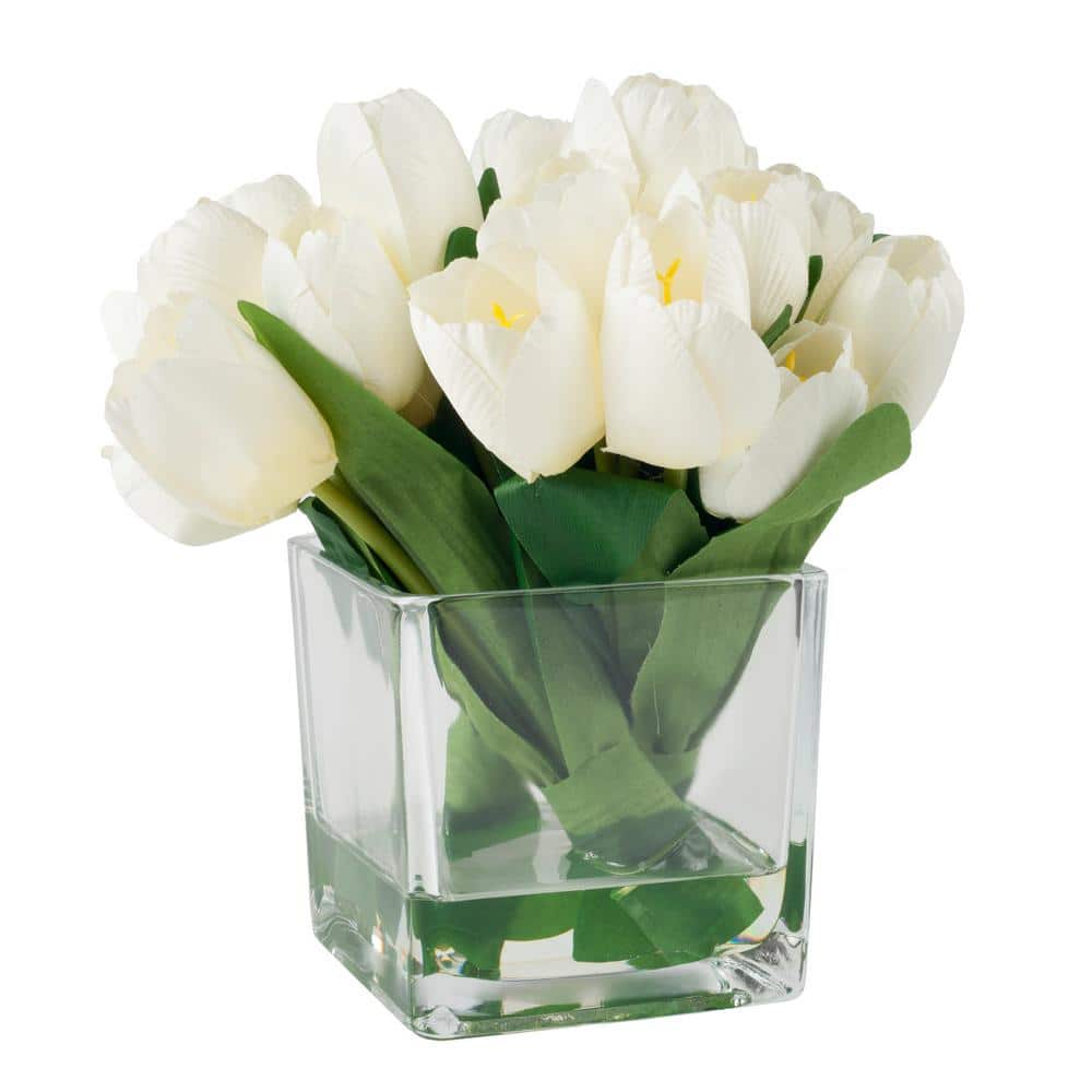 Eternal Spring Cream Tulip 10" Tabletop Floral Arrangement in Glass Vase