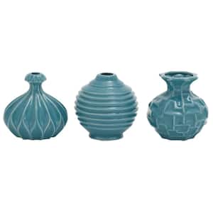 6 in., 6 in. Blue Ceramic Decorative Vase with Varying Patterns (Set of 3)