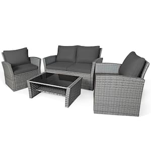 4-Pieces Wicker Patio Conversation Set with Gray Cushions