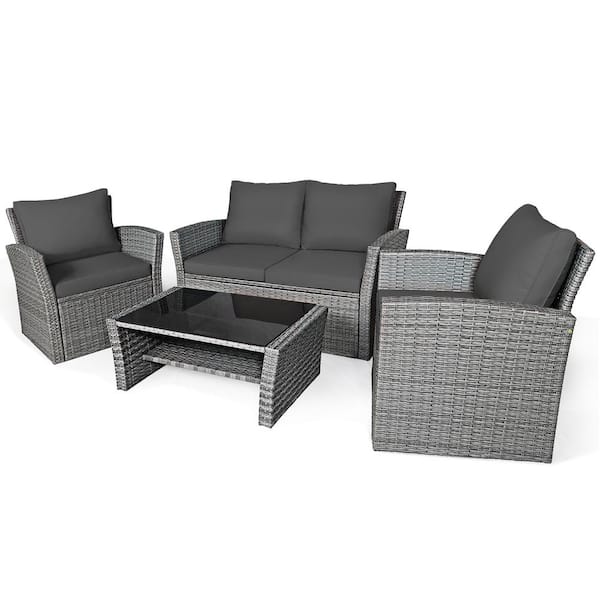 Costway 4-Pieces Wicker Patio Conversation Set with Gray Cushions