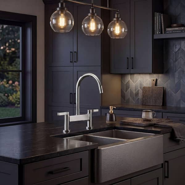 Modern Double Handle 2 Holes Deck Mount Bridge Kitchen Faucet With 360 Swivel Spout Sink Faucet in Polished Chrome