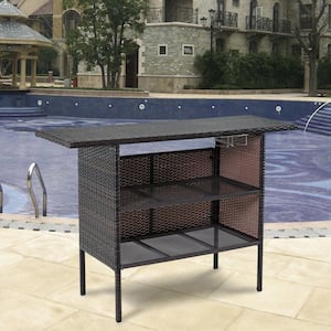 55 in. W Rectangular Mixed-Brown Wicker Outdoor Serving Bar Counter Table with Cup Holders and Shelves
