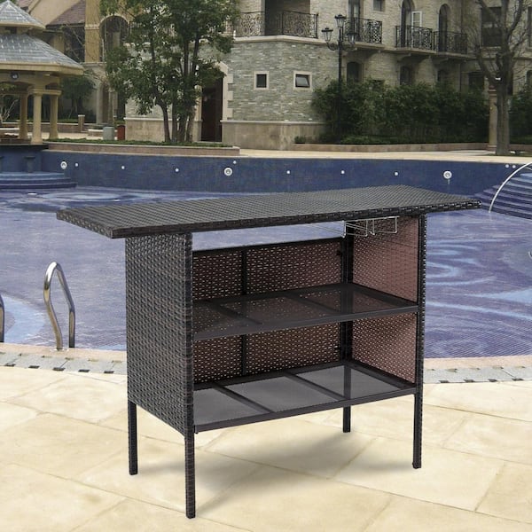 JUSKYS 55 in. W Rectangular Mixed-Brown Wicker Outdoor Serving Bar ...