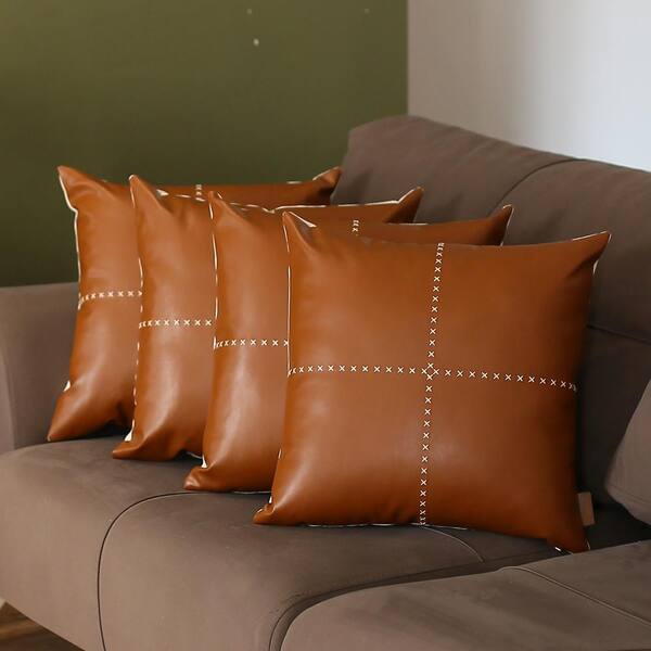 Boho Embroidered Horse Handmade Set of 4 Throw Pillow 12 x 20 Vegan Faux Leather Solid Beige & Brown Square Mike&Co. New York