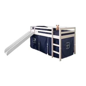 White Twin Tent Loft Bed with Blue Tent Kit and Slide
