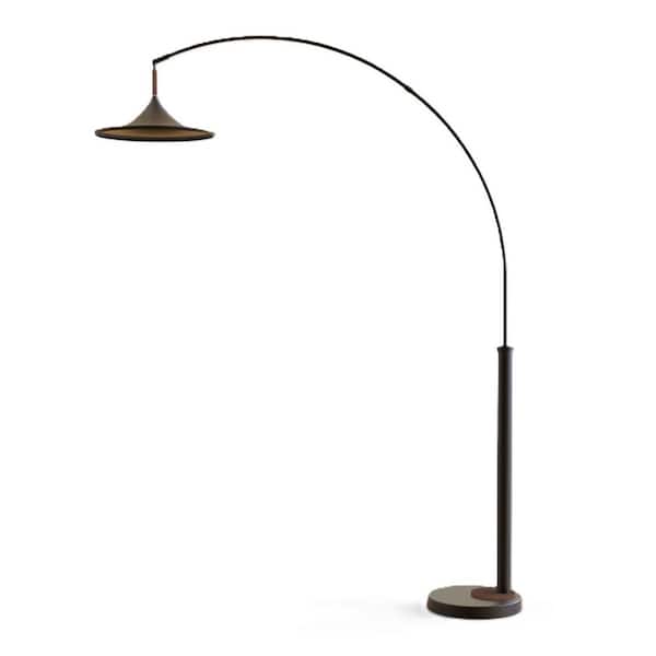 92 in Lodi Matte Black 1-Light Arc Floor Lamp Smart Dimmable Marble Base for Living Room with Gold Leaf Steel Dish Shade