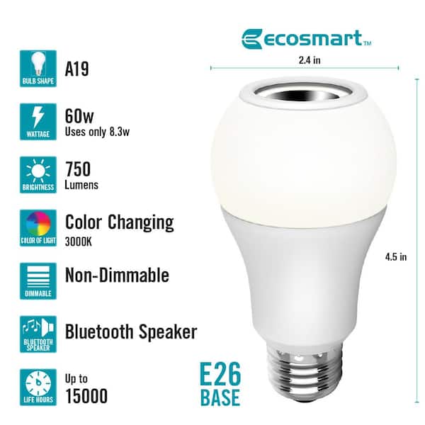 60-Watt Equivalent A19 CEC Bluetooth Speaker Colored Plus Bright White E26 LED Light Bulb with Remote Control (1-Pack)