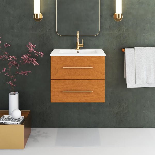 VOLPA USA AMERICAN CRAFTED VANITIES Napa 24 in. W. x 18 in. D Single Sink Bathroom Vanity Wall Mounted in Pacific Maple with Ceramic Integrated Countertop