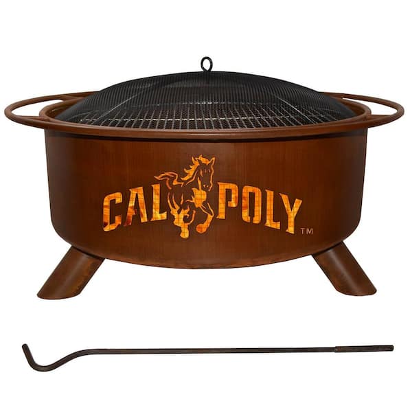 Unbranded Cal Poly San Luis 29 in. x 18 in. Round Steel Wood Burning Rust Fire Pit with Grill Poker Spark Screen and Cover