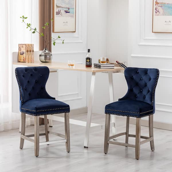 Harper 24in. Navy Blue Velvet Tufted Wingback Kitchen Counter Bar Stool with Solid Wood Frame in Antique Gray (Set of 2)