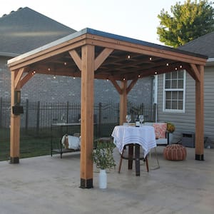 Arcadia 12 ft. x 9 ft. 6 in. All Cedar Wood Gazebo with Hard Top Steel Metal Roof and Electric, Brown