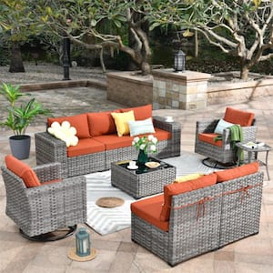 Tahoe Grey 9-Piece Wicker Outdoor Patio Conversation Sofa Set with Swivel Rocking Chairs and Orange Red Cushions